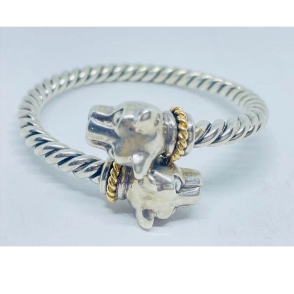 Heavy Signed KBN Sterling Silver & 14K Twisted Lion Bangle Bracelet